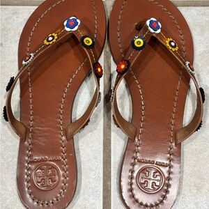 Tory Burch Tan Sandals with Colorful Floral Accents